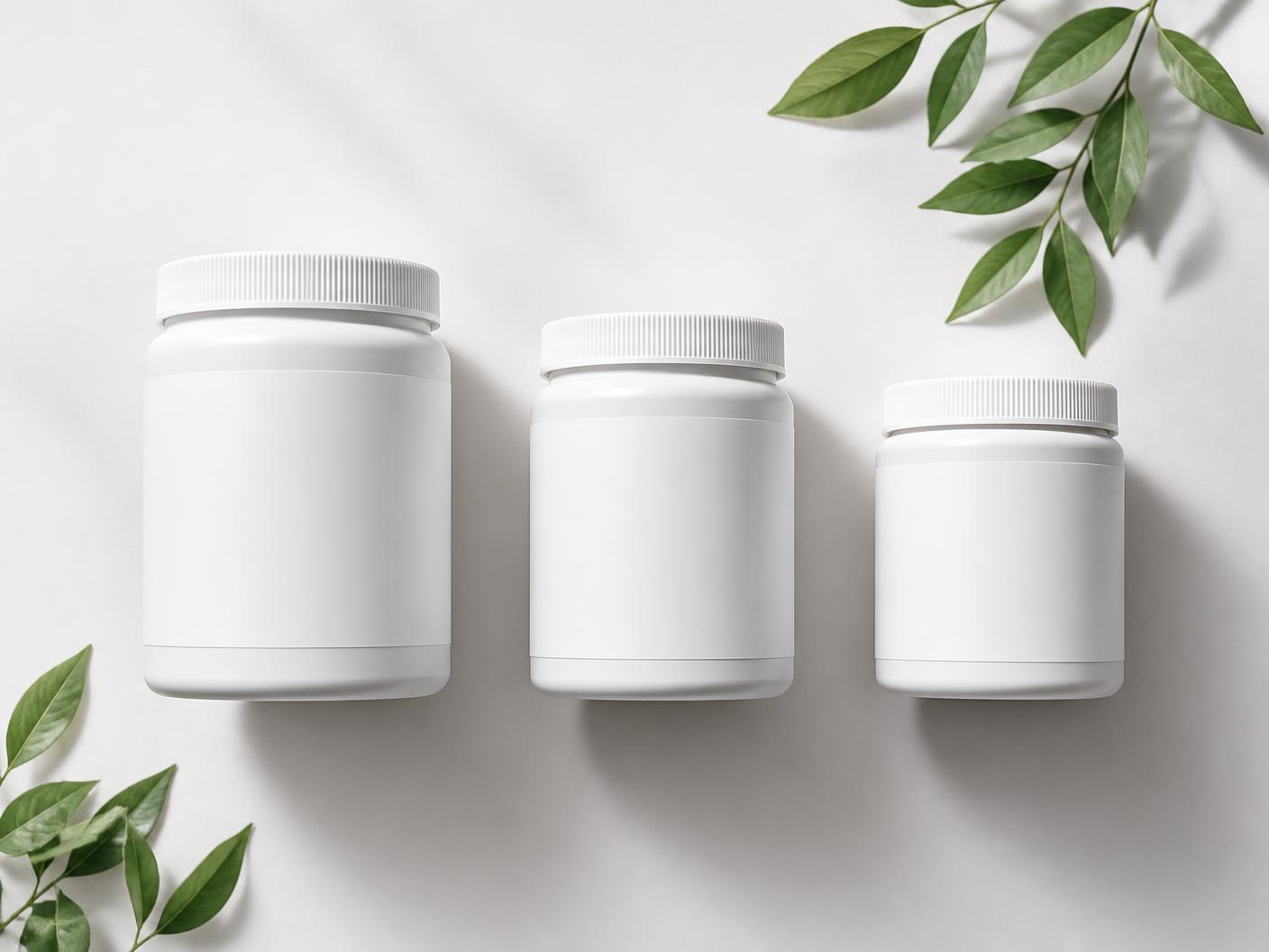 Three unlabeled white supplement containers in different sizes arranged beside green leaves